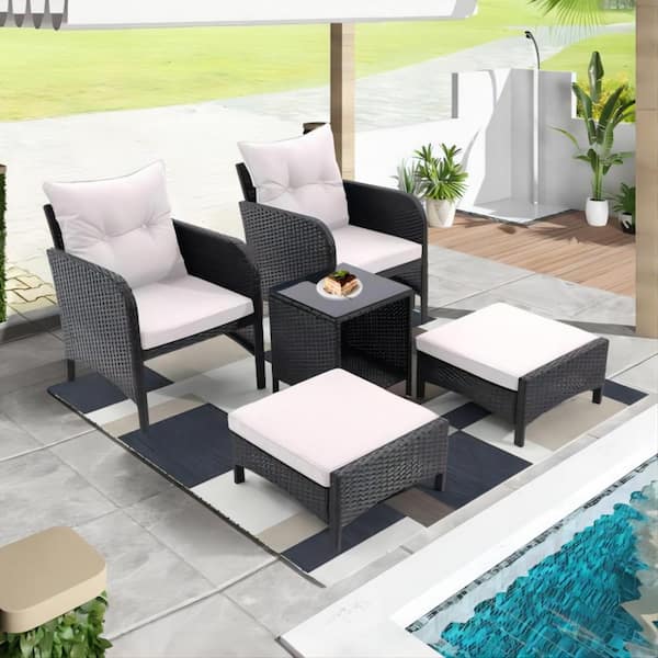 Clihome 5-Piece PE Wicker Rattan Patio Conversation Chairs Set with Beige Removable Cushions, Ottomans and Storage Coffee Table