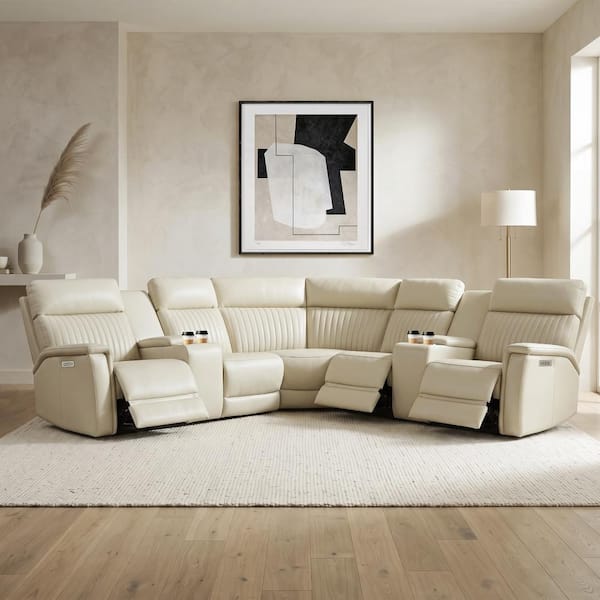 Cole 117 in. Genuine Leather Power Recliner Sectional Sofa with Console, Zero Gravity, 1 Power Armlesschair in Cream