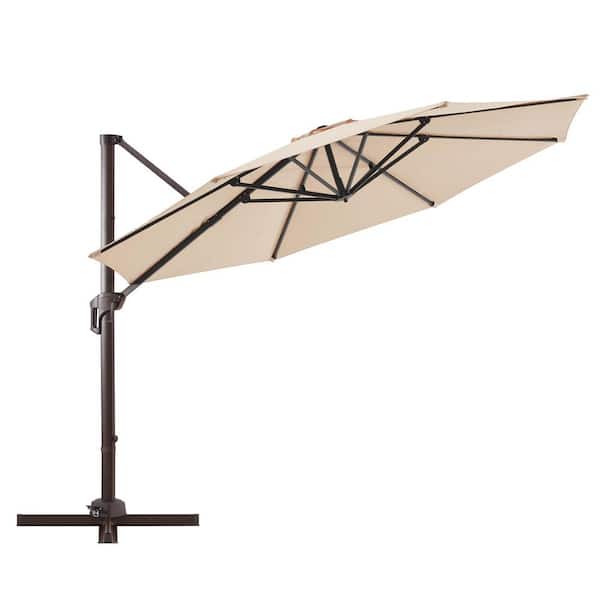 PASAMIC 12 ft. Aluminum Patio Offset Umbrella Cantilever Umbrella, Fade Resistant and 6-Level 360°Rotation in Beige