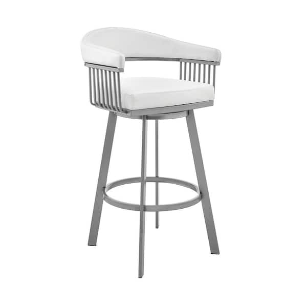 Armen Living Bronson 26 in. Counter Height Low Back Swivel Bar Stool in Silver and White Faux Leather