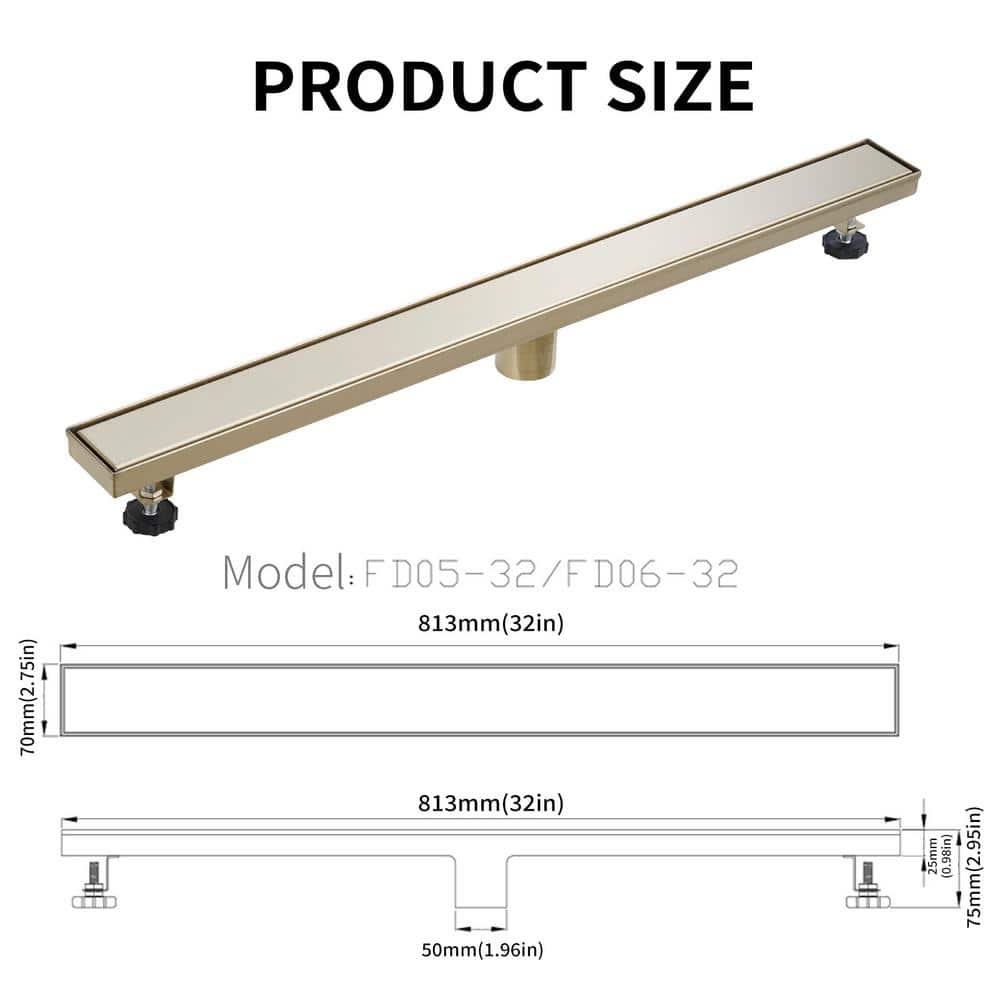 32'' Brushed Gold Stainless Steel Linear Shower Drain