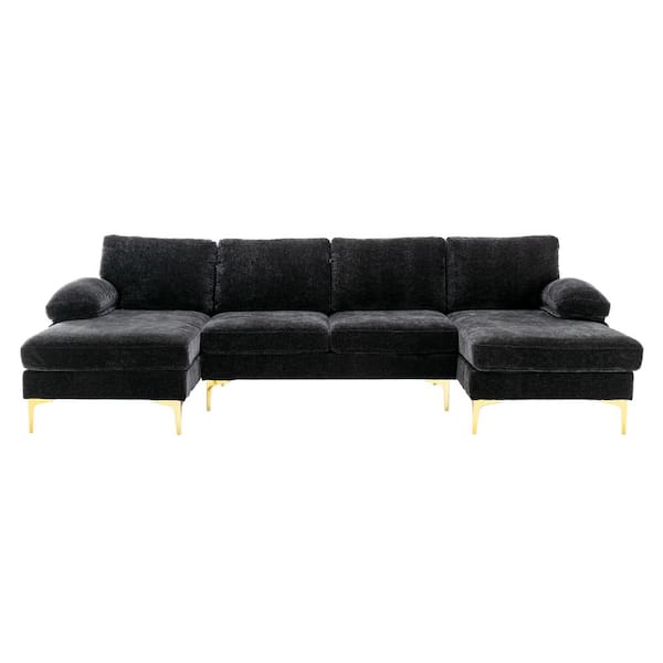 Z-joyee 110.63 in. 4-Piece U Shaped Polyester Sectional Sofa in Black