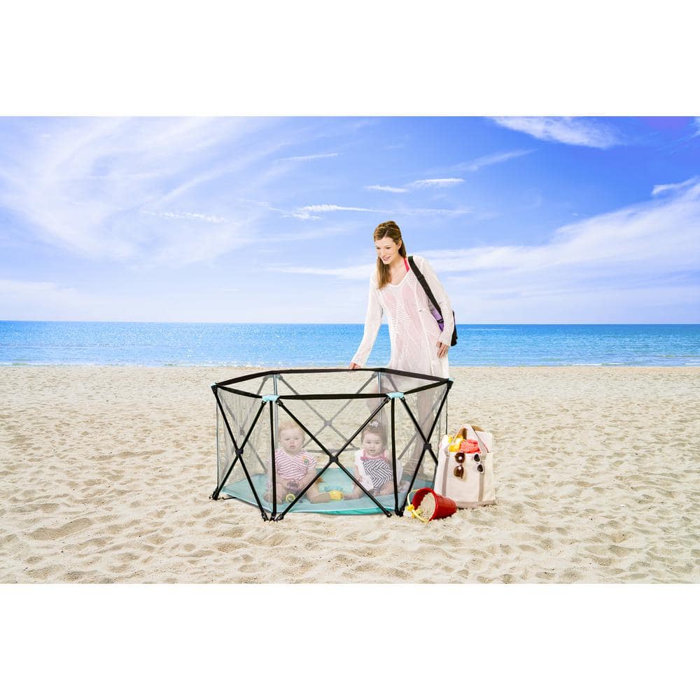 Aqua and Black Portable 6-Panel Steel Play Yard