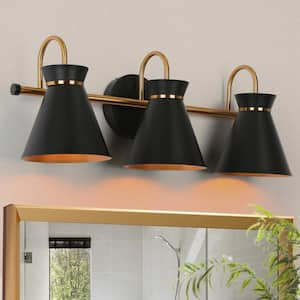 23 in. 3-Light Polished Brass Wall Sconce, Modern Black Vanity Light for Bathrooms, Farmhouse Bath Lighting for Mirrors