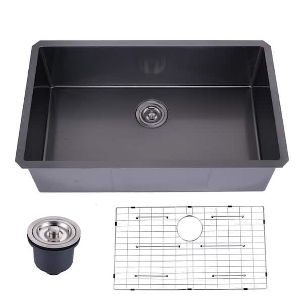 32 in Drop in Undermount Single Bowl 18 Gauge Gunmetal Black Stainless Steel Kitchen Sink with Bottom Grids