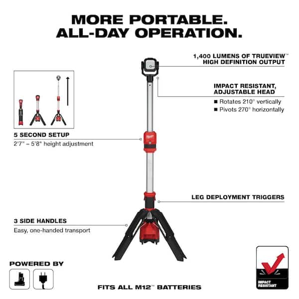 Milwaukee - M12 12-Volt Lithium-Ion Cordless 1400 Lumen ROCKET LED Stand Work Light W/ 6.0 Ah M12 Battery