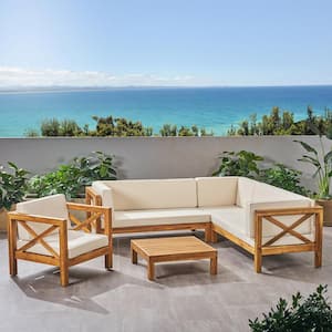 Brava Teak Brown 5-Piece Wood Patio Conversation Sectional Seating Set with Beige Cushions