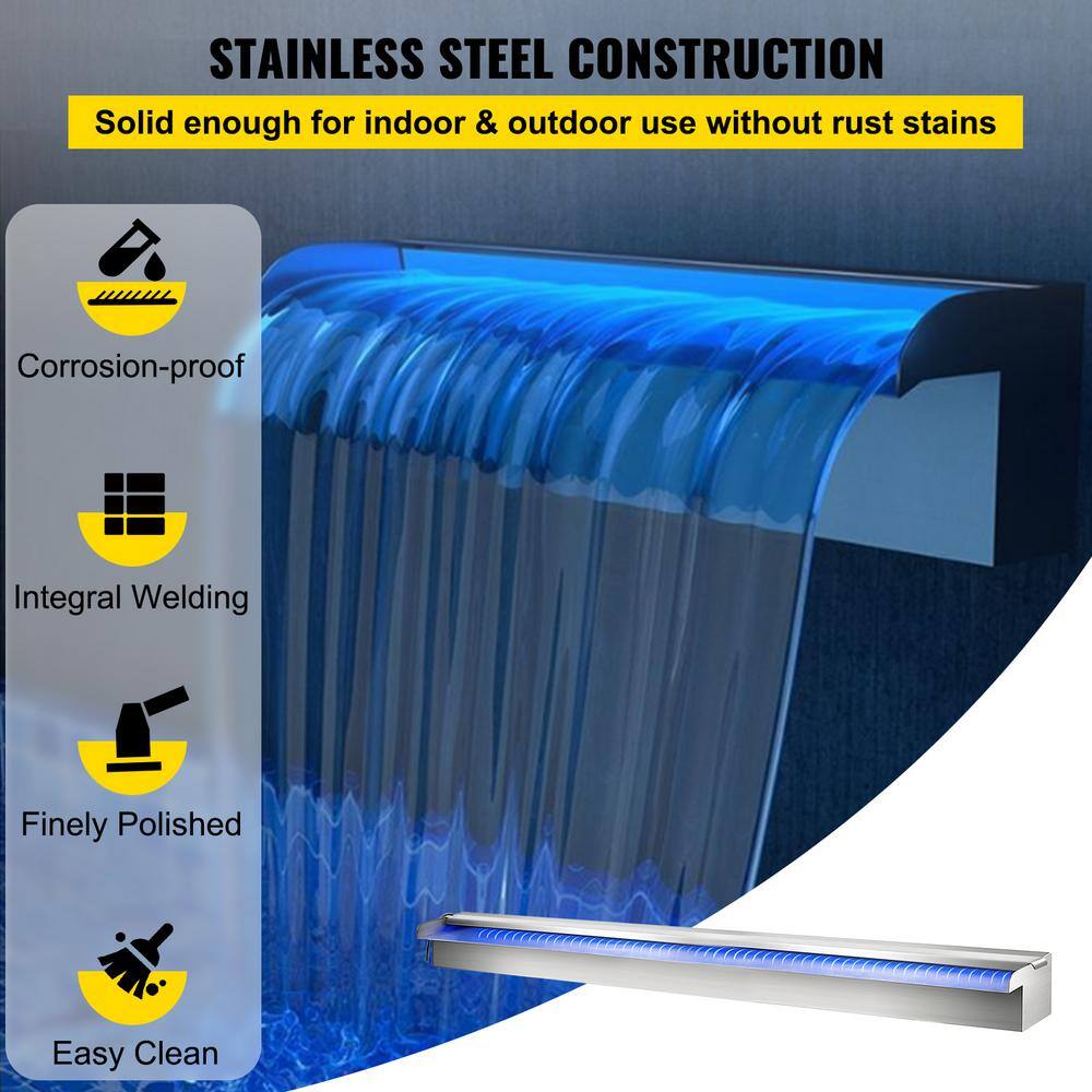 Stainless Steel Pool Waterfall with LED Strip Light, 59 Inch