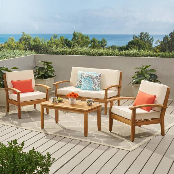 Noble House Peyton Teak Finish 4 Piece Wood Patio Conversation Set