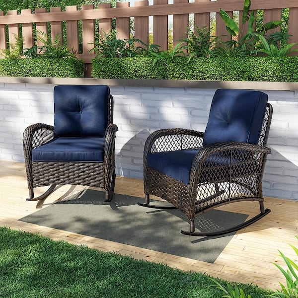 2-Piece Wicker Outdoor Rocking Chair Lounge Chair Patio with Blue Cushion