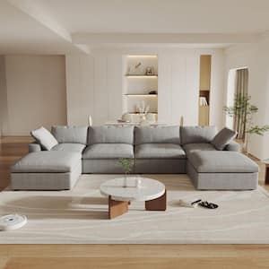 157 in. Square Arm 6-Piece Linen U-shaped Sectional Sofa Cloud Couch in Gray with Storage Ottomans