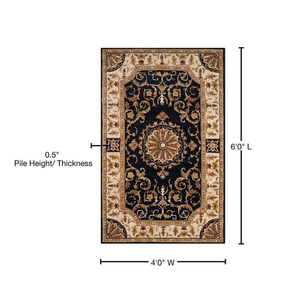 Black and Ivory Floral Wool Handmade 4' x 6' Area Rug