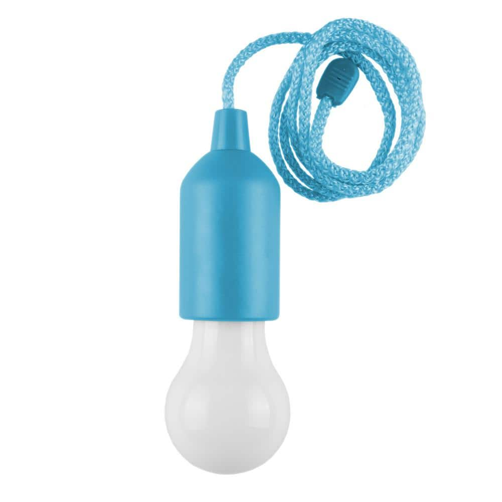 Blue Pull Cord LED Light Battery Operated Portable or Fixed Hanging Bulb for Closets, Camping