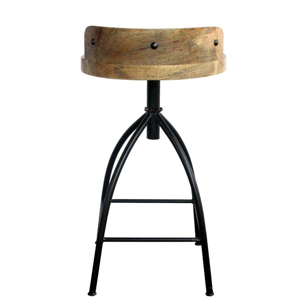 Adjustable Brown Mango Wood and Black Iron Swivel Bar Stool