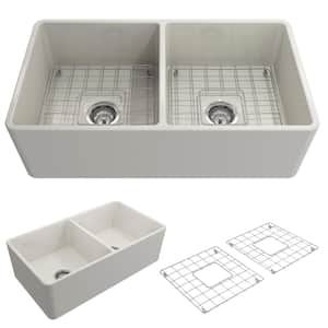 Classico Farmhouse Apron Front Fireclay 33 in. Double Bowl Kitchen Sink with Bottom Grid and Strainer in Biscuit