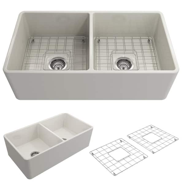 BOCCHI Classico Farmhouse Apron Front Fireclay 33 in. Double Bowl Kitchen Sink with Bottom Grid and Strainer in Biscuit