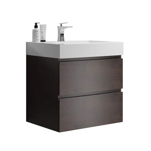 24 in. Single Sink Floating Walnut Bath Vanity with White Ceramic Top (Assembled), Soft-closing Drawers
