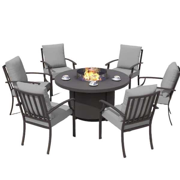 7-Piece Metal Patio Conversation Set with Round Fire Pit Table, Glass Wind Guard and Cushion Gray