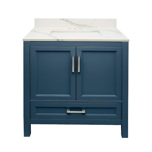 Amluxx Salerno 37 in. W x 22 in. D x 36 in. H Bath Vanity in Navy Blue with Quartz Stone Vanity Top in White Calacatta