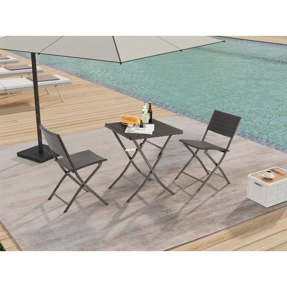Brown 3-Piece Wicker Outdoor Bistro Set, Patio All-Weather Rattan Foldable 