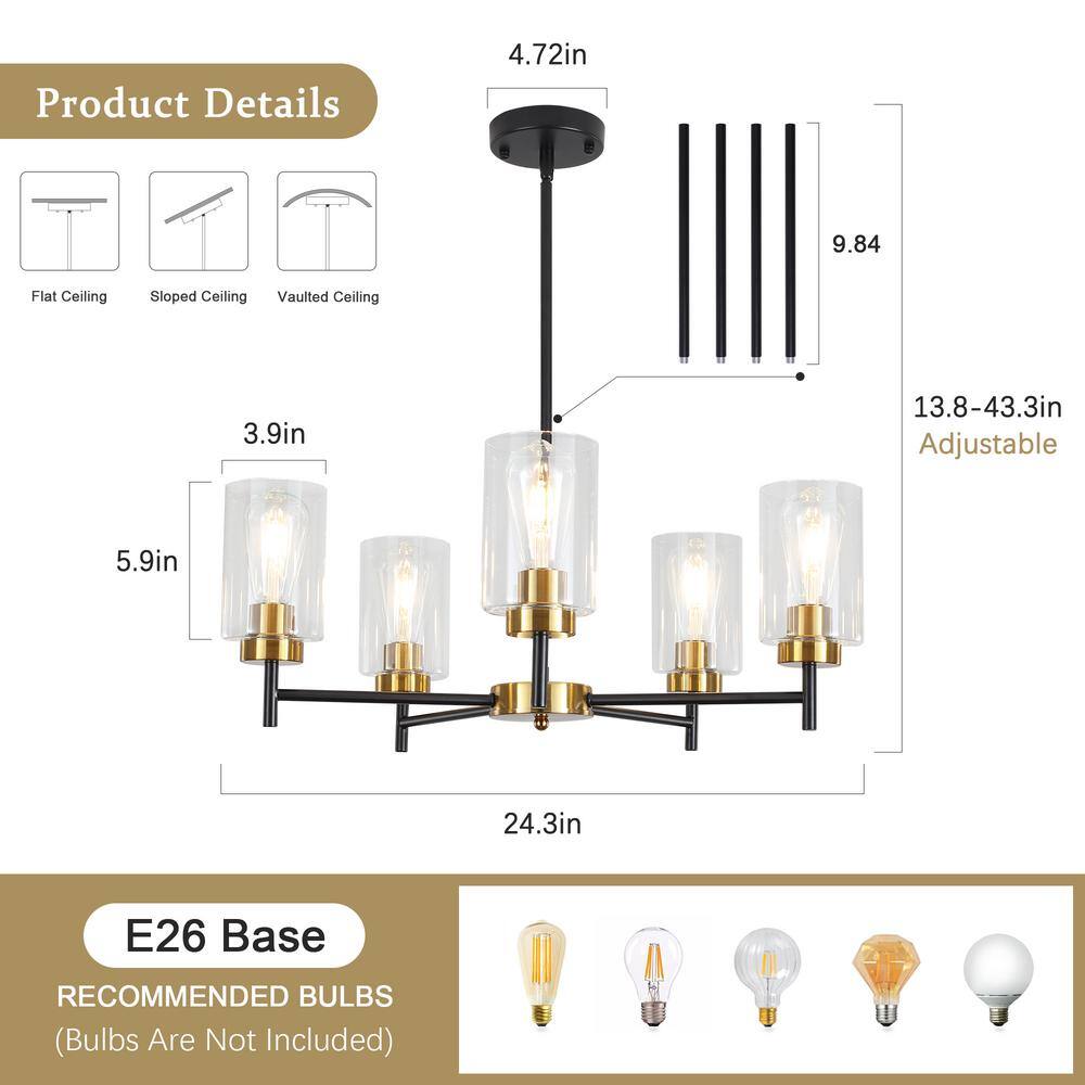 Gold and Clear Glass 5-Light Kitchen Island Chandelier