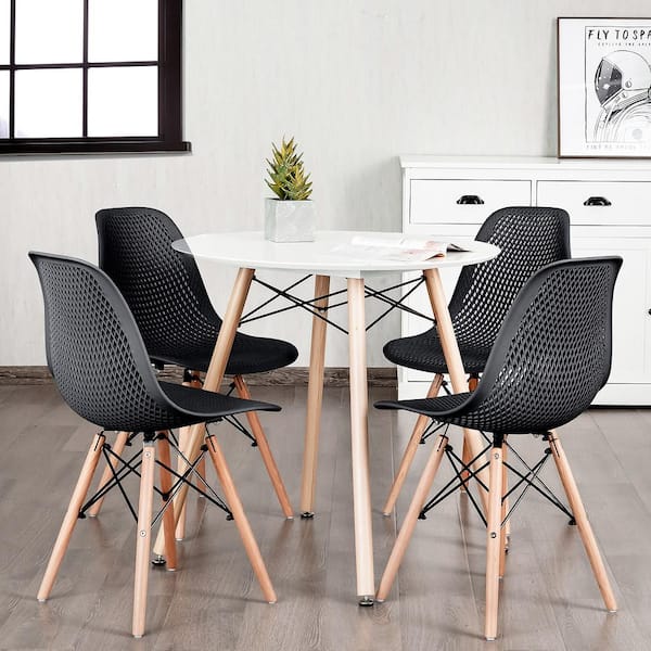 Black Plastic Hollow Out Chair Mid Century Modern Wood-Leg Seat