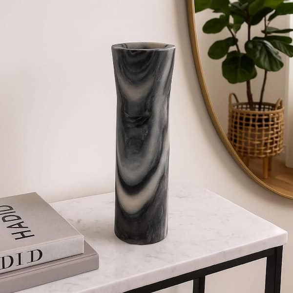 Danny 13.5 in. Black and White Marble Cylinder Decorative Vase