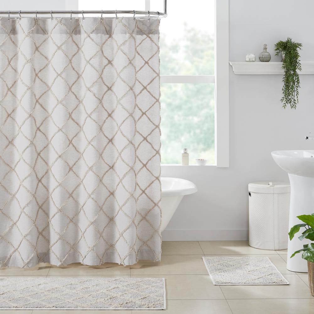 Frayed Lattice Oatmeal and White Cotton Shower Curtain 72x72