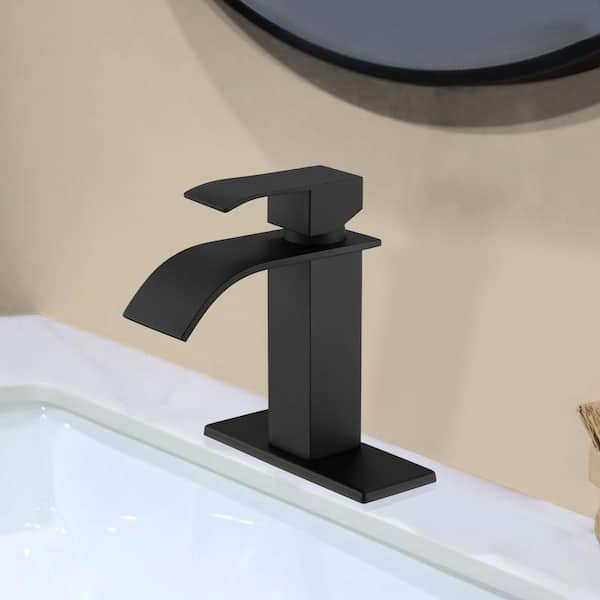 Single Hole Single Handle Mid Arc Bathroom Faucet with Deckplate and Waterfall Spout in Matte Black (1-Pack ）