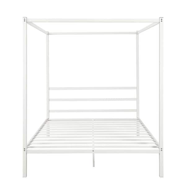 Z-joyee Canopy White Queen Size Platform Bed with Built-in Headboard