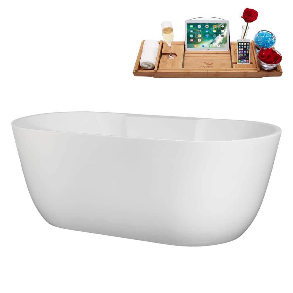 63" Glossy White Acrylic Freestanding Soaking Bathtub with Bamboo Tray
