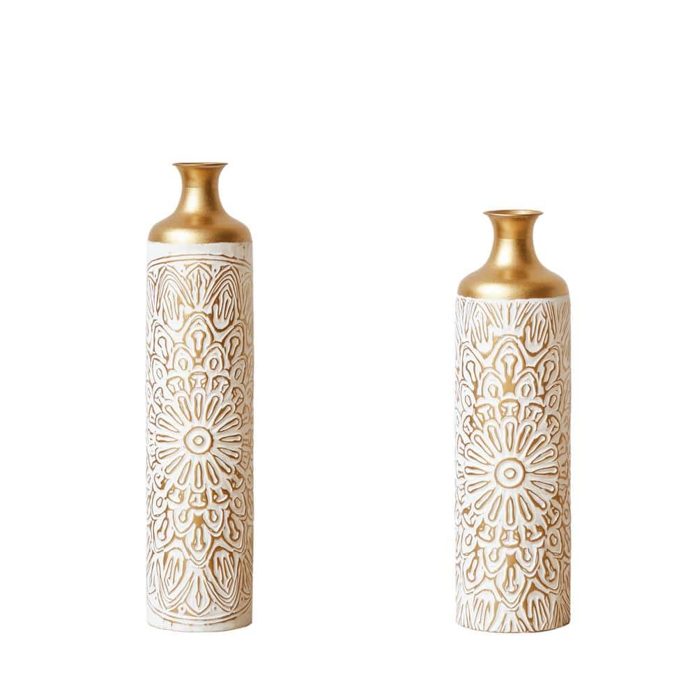 30 in. Gorgeous White Gold Floor Large Glazed Metal Cylinder Decorated Vase
