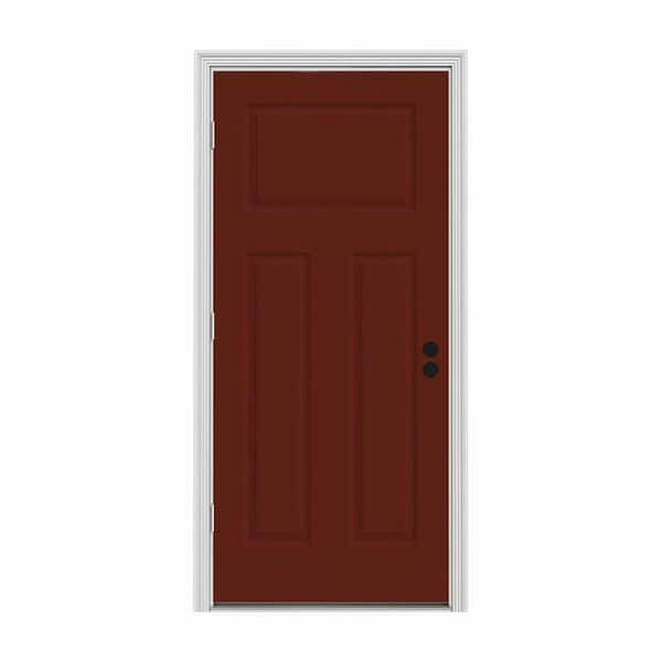 JELD-WEN 30 in. x 80 in. 3-Panel Craftsman Mesa Red Painted Steel Prehung Right-Hand Outswing Front Door w/Brickmould