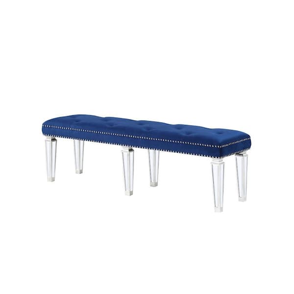 Benjara 60 in. Blue Backless Bedroom Bench with Button Tufted Seat and Mirroed Tapered Legs