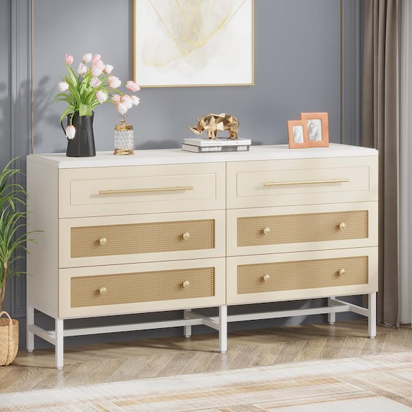 BYBLIGHT Fenley Brown 6 Drawer 56 in. W Dresser, Modern Rattan Dresser for Bedroom, Long Double Dresser Wood Storage Organizer