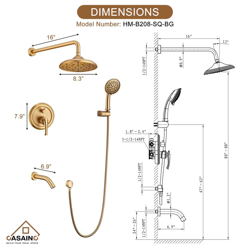 Brushed Gold Multi-Function Rain Shower System with Handheld
