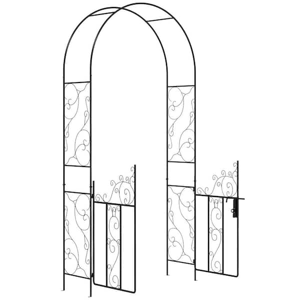 Sudzendf Black Metal Garden Arch with Gate, Garden Arbor Trellis for Climbing Plants, Roses, Vines