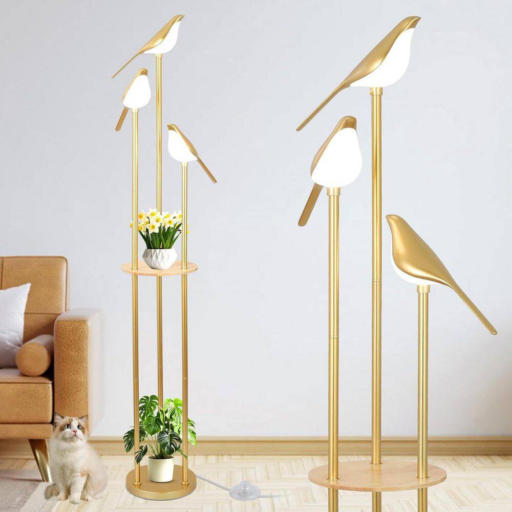 65 in. Gold Modern Mid Century Standard LED Bird 3-Light Floor