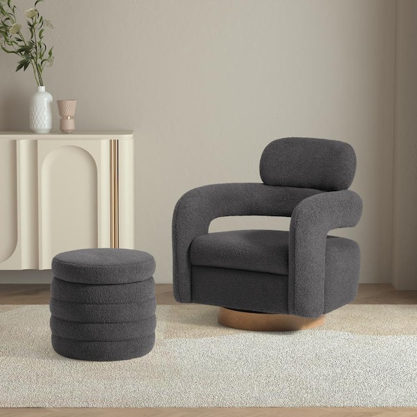 Bayville Modern 2-Piece Sherpa Swivel Accent Chair Set with Round Storage Footstool Ottoman in Charcoal Gray