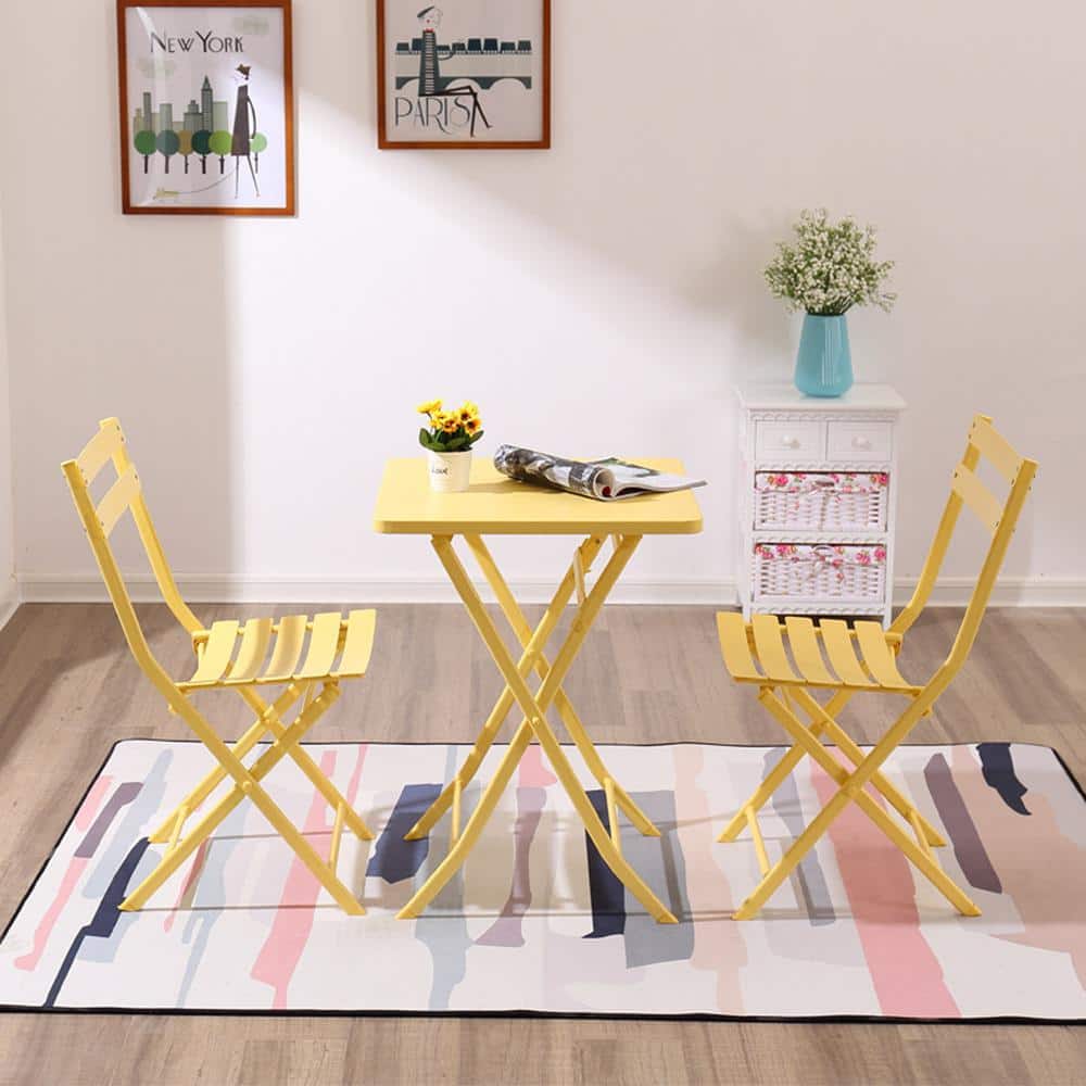 Yellow 3-Piece Metal Outdoor Patio Bistro Set, Foldable Square Table and Ch
