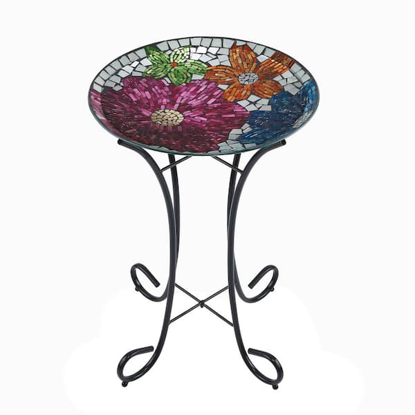 24 in. Tall Outdoor Floral Glass Birdbath Bowl with Metal Stand, Multicolor