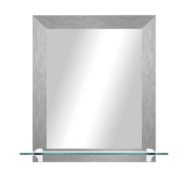 Unbranded 21.5 in. W x 25.5 in. H Rectangle Silver Vertical Mirror With Tempered Glass Shelf/White Brackets