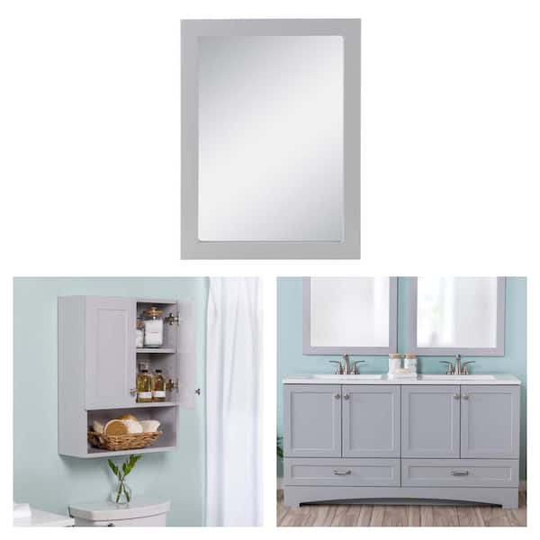 20 in. x 27 in. Pearl Gray Vanity Mirror, 21 in. x 8 in. x 26 in. Wall Cabinet and 61 in. Double Sink Vanity Combo