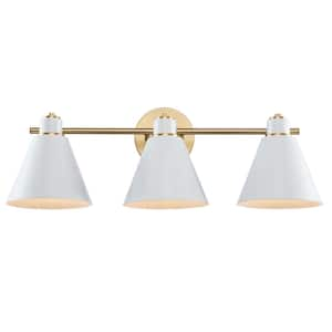 Forge 24 in. 3-Light White and Gold Bathroom Vanity Light Fixture with Metal Cone Shades