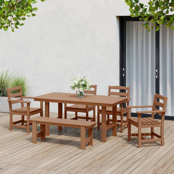 Shoreside 6-Piece All Weather HDPE Plastic Outdoor Patio Dining Set w/ Armchairs and Bench, Teak
