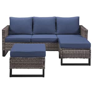 Gray 3-Piece U-shaped Foot Design Wicker Patio Sectional Set with Blue Cushions