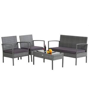 4-Pieces Wicker Outdoor Patio Conversation Set with Coffee Table and Gray Cushions