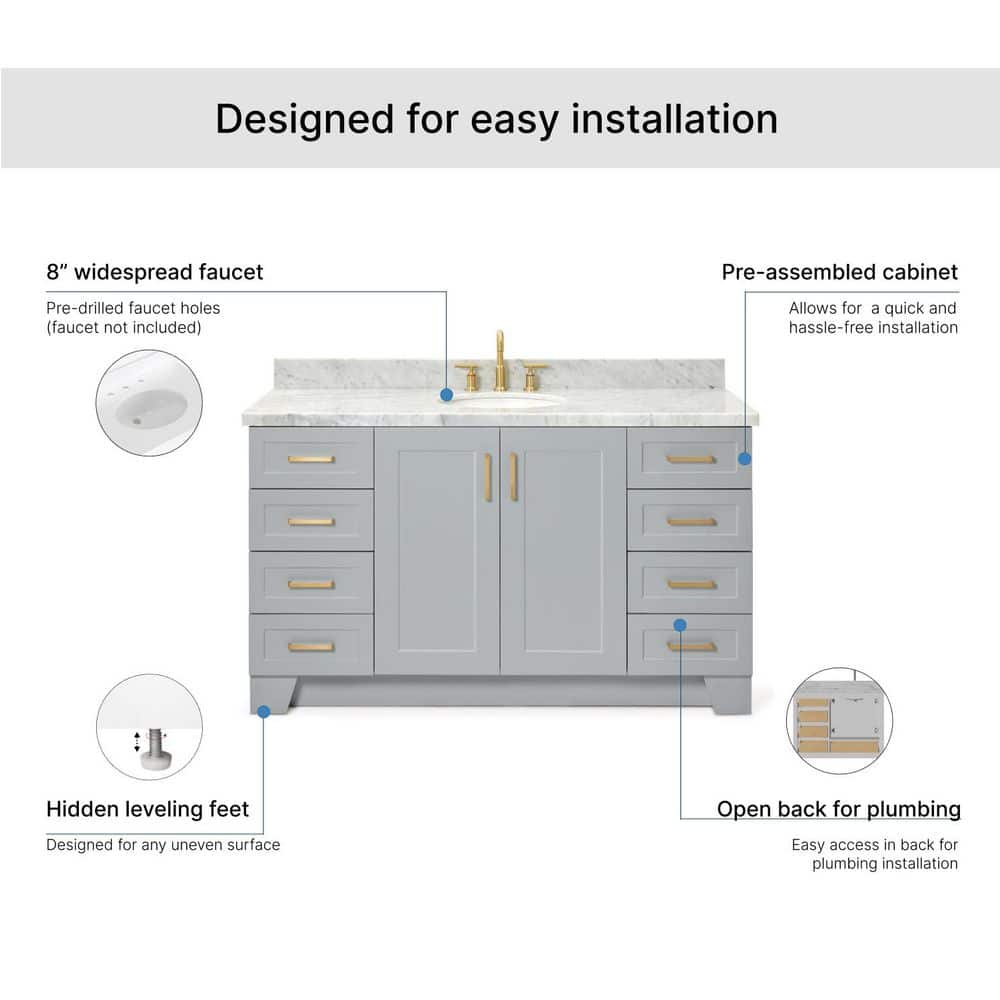 Taylor 61" Gray Freestanding Bath Vanity with Carrara Marble Top