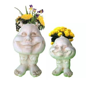 Antique White Sister Suzy Q and Baby the Muggly Face Statue Planter Pot (2-Pack)