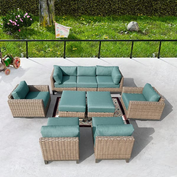 HiGreen Outdoor Delta 9-Piece Resin Wicker Aluminum Outdoor Sectional Set with Swivel Lounge Chairs and Acrylic Cast Breeze Cushions